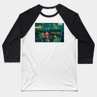 Rainy night in Neo Tokyo Matrix vibe with green and orange light reflection Baseball T-Shirt